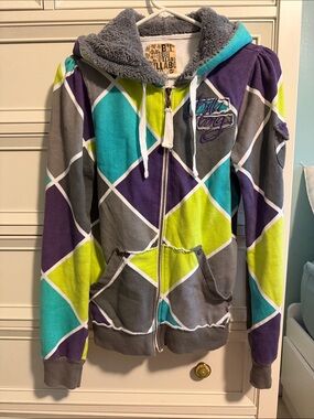 Vintage Y2K Billabong Teal Purple Lime Diamond Zip Hoodie with Fuzzy hood